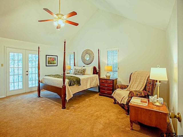 carpeted bedroom with ceiling fan, high vaulted ceiling, french doors, and access to outside