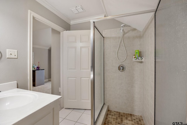 1625 Skidmore Ln, Tyler, TX 75703 - full bathroom with a shower stall, ornamental molding, vanity, and tile patterned floors