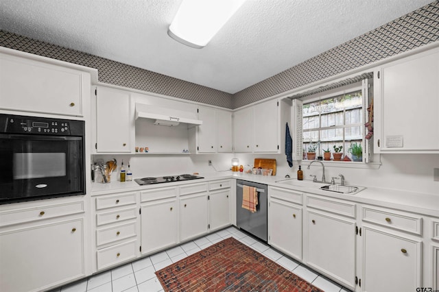 kitchen with white cabinetry, sink, gas cooktop, stainless steel dishwasher, and black oven