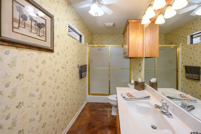 151 Green Mesa Ln, Holly Lake Ranch, TX 75765 - full bath with toilet, wallpapered walls, a shower stall, tile patterned flooring, and ceiling fan
