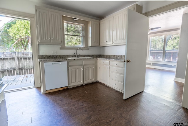 701 W Houston St, Tyler, TX 75702 - kitchen with white dishwasher, a sink, plenty of natural light, and dark wood-style floors