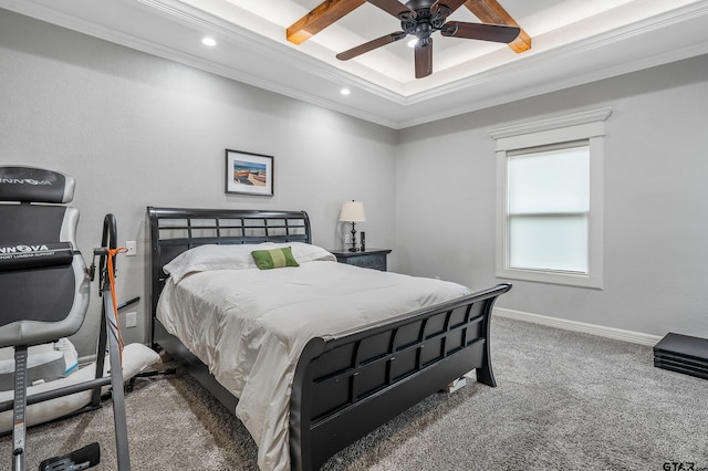 20851 Lakeview Dr, Flint, TX 75762 - carpeted bedroom with crown molding, recessed lighting, a ceiling fan, and a tray ceiling