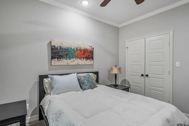 20851 Lakeview Dr, Flint, TX 75762 - bedroom featuring crown molding, a closet, and ceiling fan