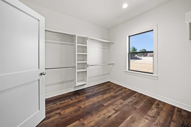 walk in closet with dark hardwood / wood-style floors