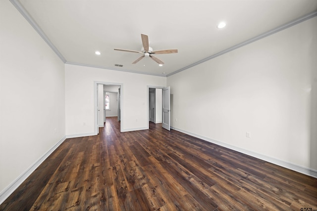 unfurnished bedroom featuring dark hardwood / wood-style floors, ceiling fan, and ornamental molding