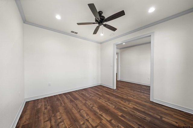 unfurnished room with dark hardwood / wood-style floors, ceiling fan, and crown molding