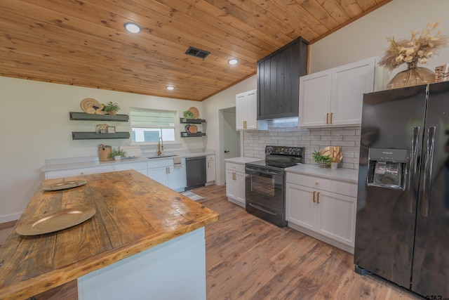 kitchen featuring white cabinetry, black appliances, wood ceiling, lofted ceiling, and light wood-type flooring