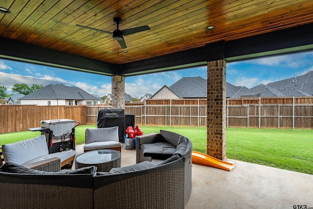 213 Serenity Dr, Bullard, TX 75757 - fenced backyard featuring a patio, ceiling fan, and an outdoor hangout area