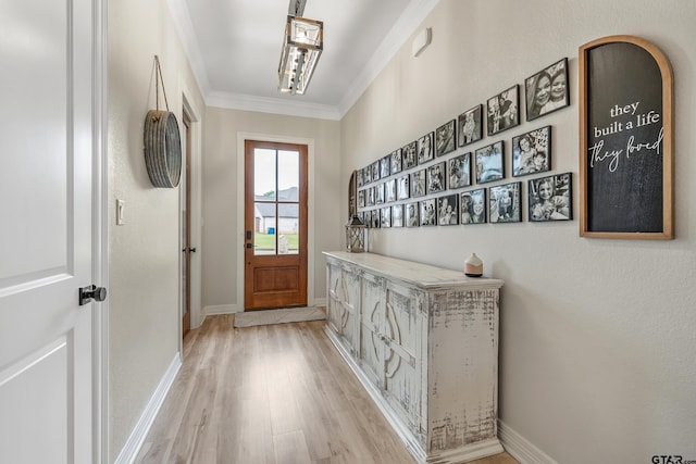213 Serenity Dr, Bullard, TX 75757 - doorway to outside featuring light wood-style flooring and crown molding
