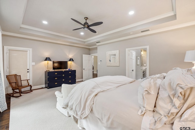 bedroom featuring visible vents, ornamental molding, a raised ceiling, and recessed lighting