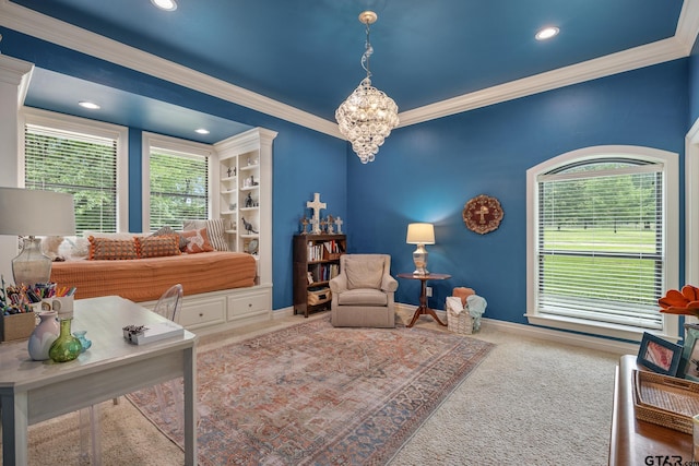 interior space featuring baseboards, a notable chandelier, ornamental molding, and multiple windows