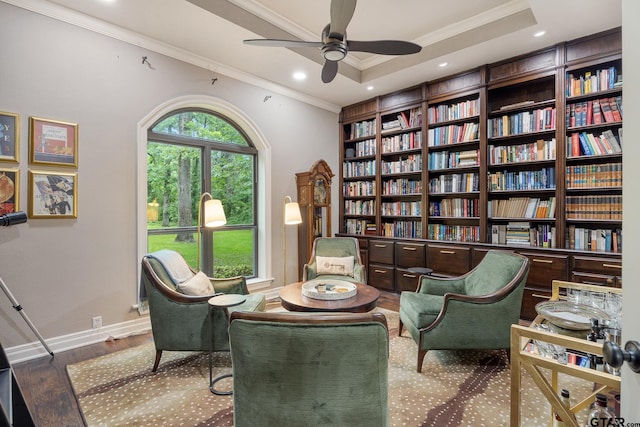 living area featuring recessed lighting, ornamental molding, ceiling fan, and wood finished floors