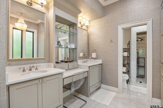 full bathroom featuring a sink, ornamental molding, toilet, and marble finish floor