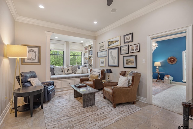 living area featuring crown molding, baseboards, light carpet, and recessed lighting