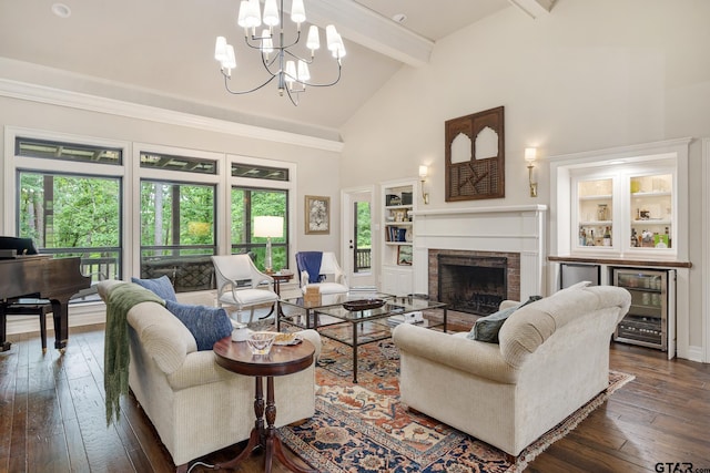 living area with beverage cooler, high vaulted ceiling, a chandelier, beamed ceiling, and hardwood / wood-style flooring