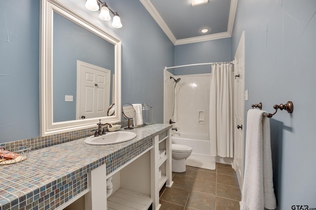 full bathroom featuring crown molding, vanity, shower / tub combo with curtain, toilet, and tile patterned floors