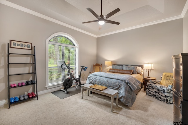bedroom with baseboards, a raised ceiling, carpet, and crown molding
