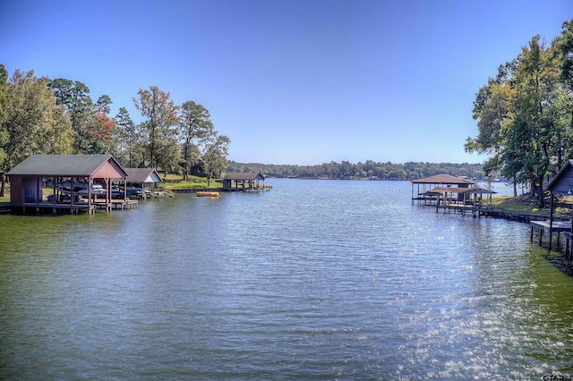 view of water feature with a boat dock