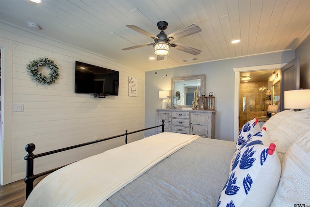 bedroom featuring wood ceiling, ceiling fan, and hardwood / wood-style floors