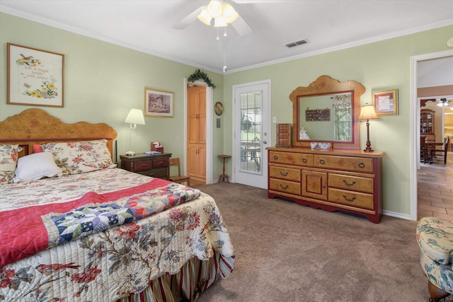 bedroom with carpet flooring, access to outside, ceiling fan, and crown molding