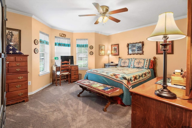 bedroom with ornamental molding, dark colored carpet, and ceiling fan