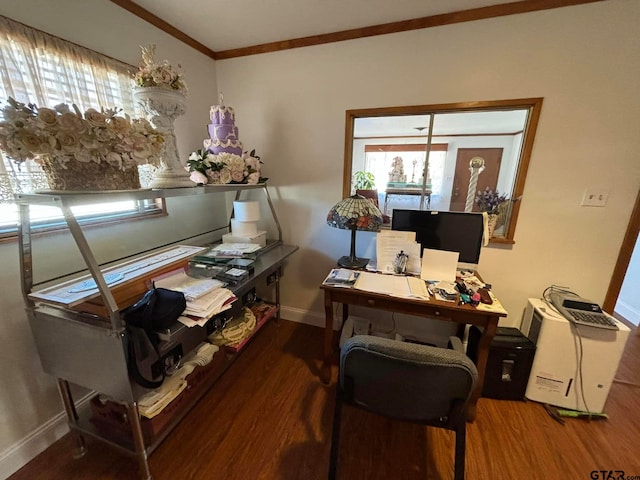 office space with hardwood / wood-style floors and ornamental molding