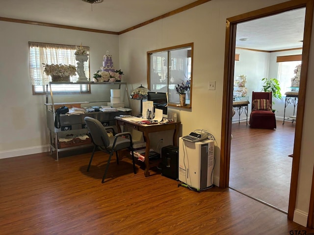 home office featuring crown molding, dark hardwood / wood-style floors, and plenty of natural light