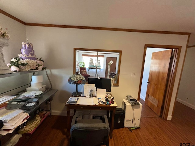 office space featuring hardwood / wood-style floors and ornamental molding