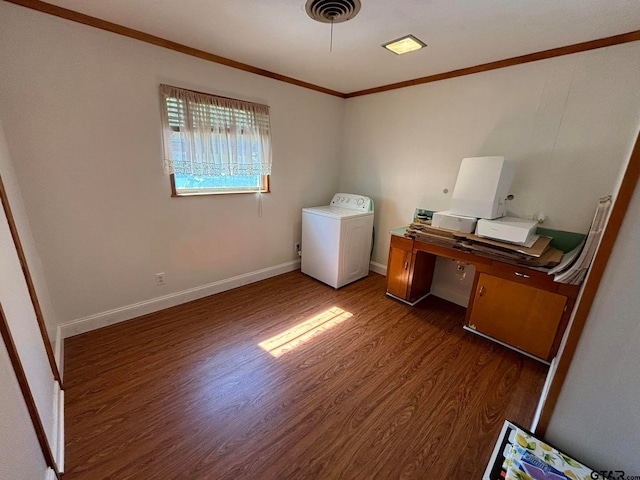 interior space with washer / clothes dryer, dark wood-type flooring, and crown molding