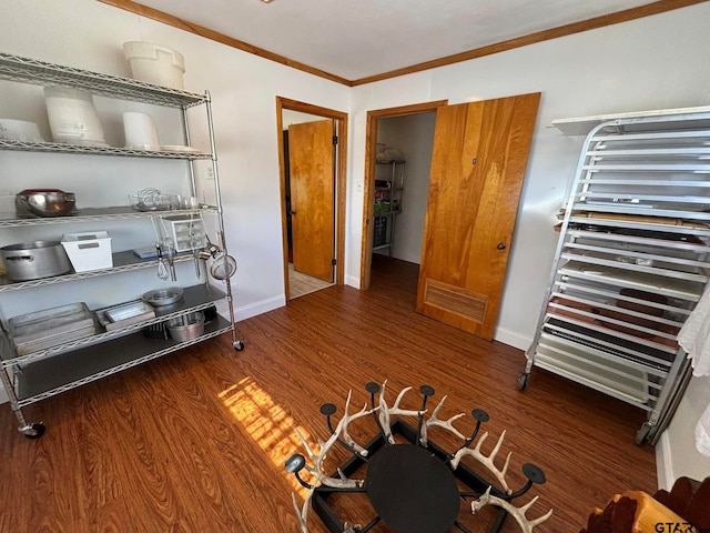 miscellaneous room with wood-type flooring and crown molding