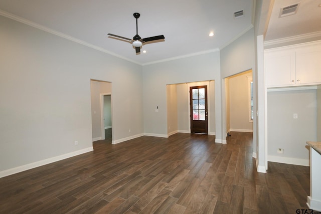 interior space with crown molding, dark wood-type flooring, and ceiling fan