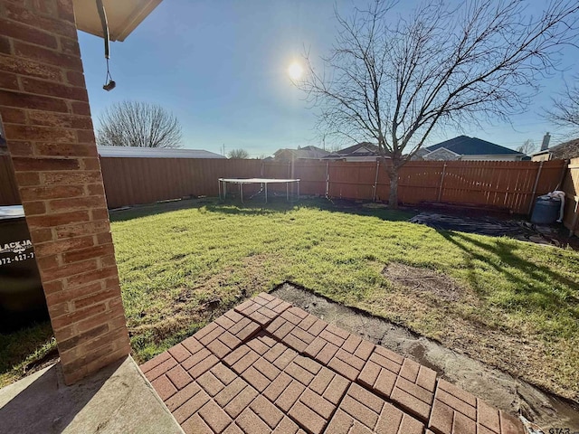 view of yard featuring a trampoline, a patio area, and a fenced backyard