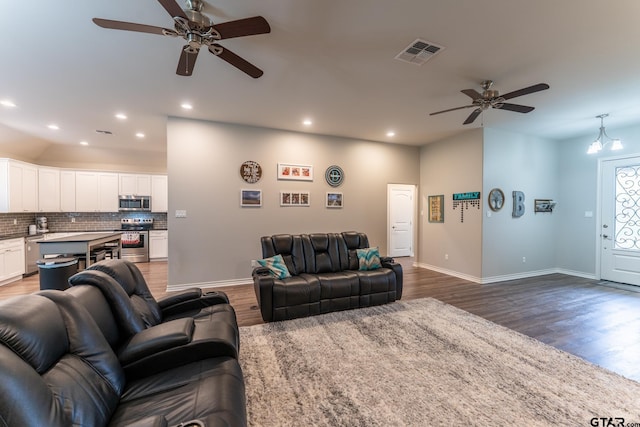 2014 Koby Cir, Sulphur Springs, TX 75482 - living room with a ceiling fan, wood finished floors, baseboards, and recessed lighting