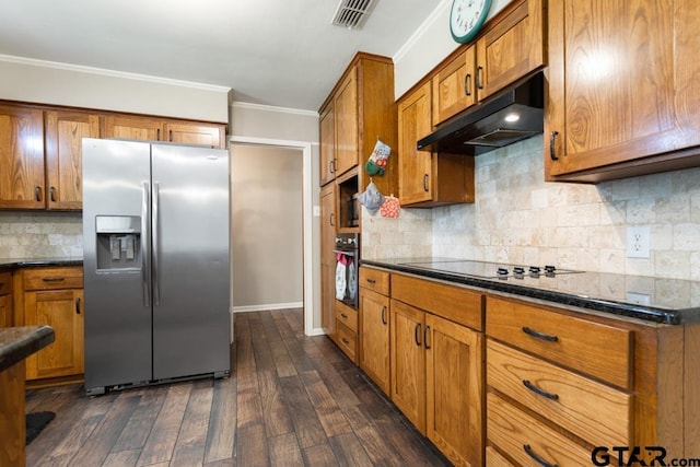 10516 Debbie Ln, Flint, TX 75762 - kitchen featuring black appliances, under cabinet range hood, brown cabinetry, backsplash, and ornamental molding