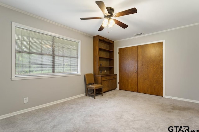 10516 Debbie Ln, Flint, TX 75762 - living area featuring ornamental molding, light carpet, and a ceiling fan