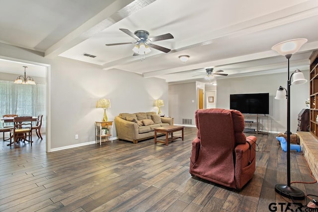 10516 Debbie Ln, Flint, TX 75762 - living room with a ceiling fan, a chandelier, dark wood-style flooring, and beam ceiling