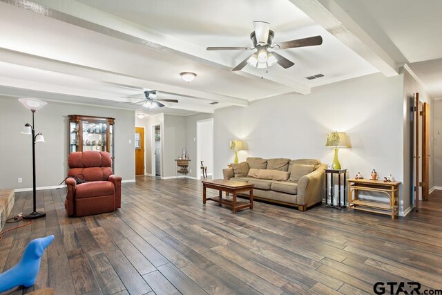 10516 Debbie Ln, Flint, TX 75762 - living area with ceiling fan, beamed ceiling, and dark wood-style flooring