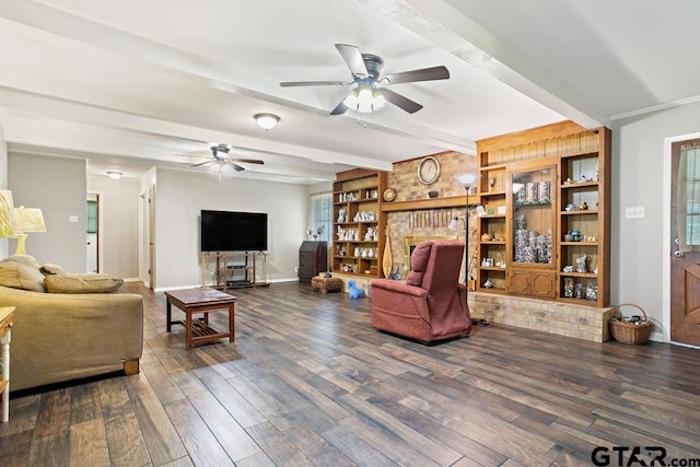 10516 Debbie Ln, Flint, TX 75762 - living room with ceiling fan, dark wood-type flooring, and beamed ceiling