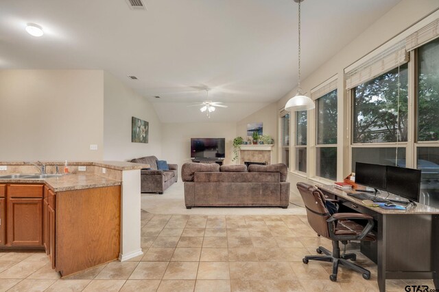 5821 Thompson Pl, Tyler, TX 75707 - interior space with ceiling fan, vaulted ceiling, and light tile patterned floors