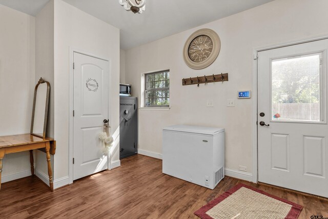 entryway with baseboards and wood finished floors