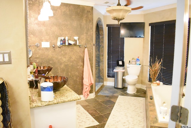 full bathroom with crown molding, walk in shower, toilet, visible vents, and a garden tub