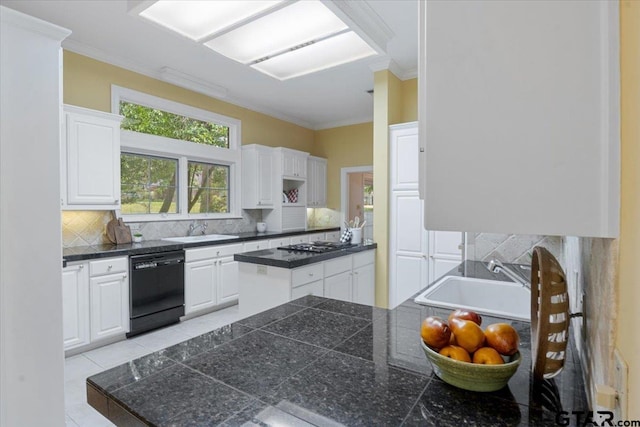 kitchen featuring dishwasher, white cabinets, crown molding, and backsplash