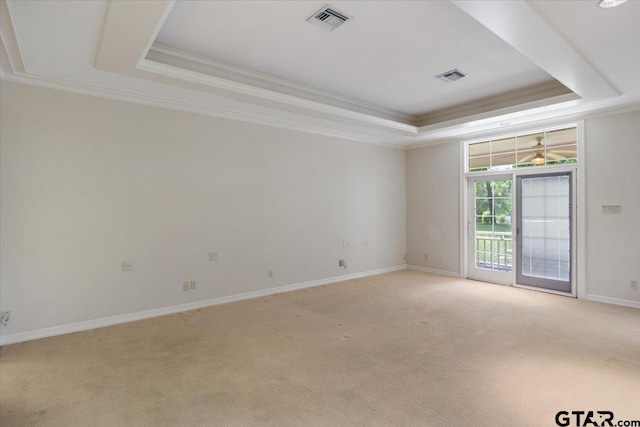 empty room featuring light carpet, crown molding, and a raised ceiling