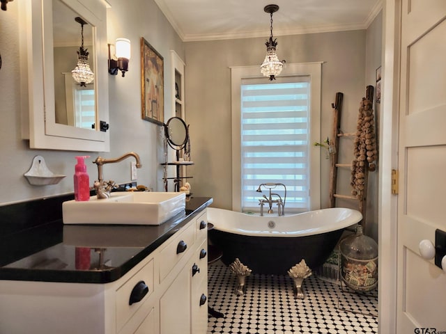 bathroom featuring vanity, ornamental molding, and a bathing tub