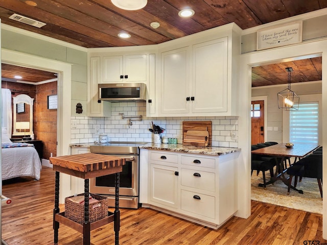 kitchen featuring white cabinetry, appliances with stainless steel finishes, wood ceiling, and dark hardwood / wood-style flooring