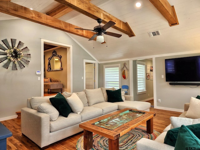 living room with lofted ceiling with beams, wooden ceiling, and dark hardwood / wood-style floors