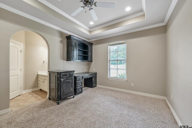 2441 Fm 2685, Gilmer, TX 75644 - kitchen with ornamental molding, a ceiling fan, light carpet, open shelves, and a raised ceiling