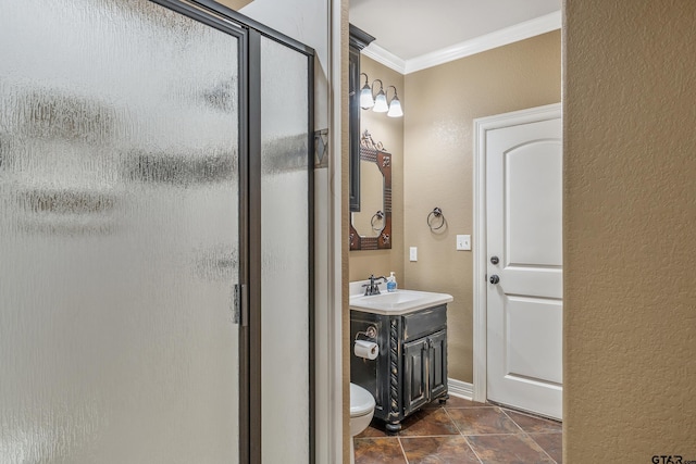 2441 Fm 2685, Gilmer, TX 75644 - bathroom with ornamental molding, a shower stall, vanity, a textured wall, and toilet