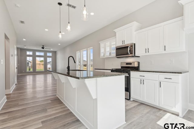 16330 Crossing Cir, Lindale, TX 75771 - kitchen featuring appliances with stainless steel finishes, light wood-style flooring, a kitchen island with sink, ceiling fan, and recessed lighting