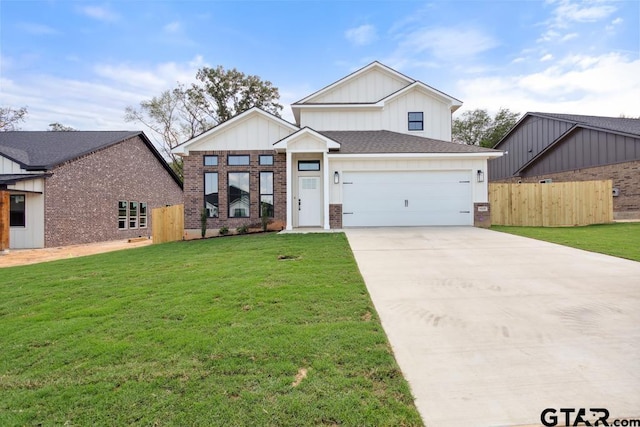 16330 Crossing Cir, Lindale, TX 75771 - modern inspired farmhouse with driveway, an attached garage, board and batten siding, and brick siding